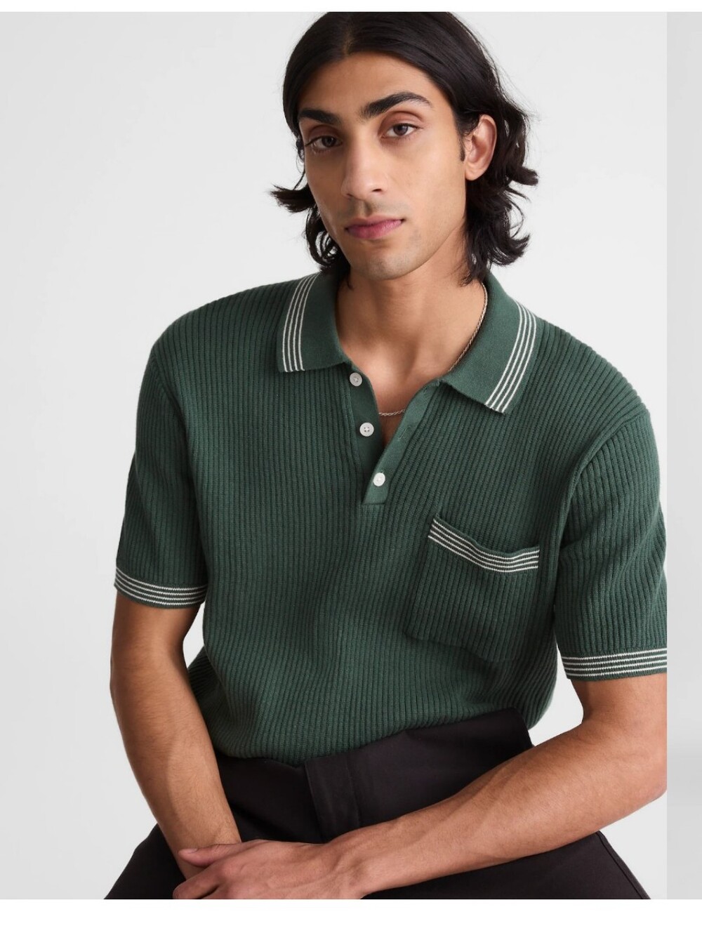Madewell Tipped Sweater Polo NZ234 Size S Green Cotton